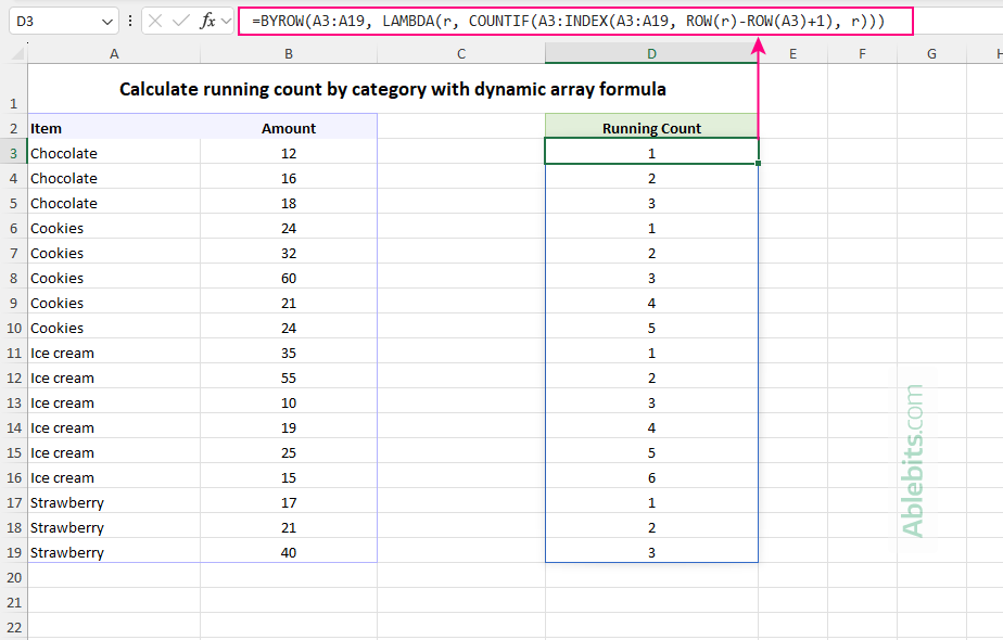 Creating a running count by category in Excel 365 with a dynamic array formula.