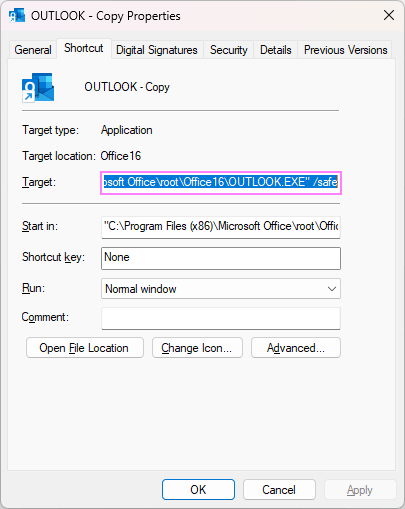 Modify the Outlook shortcut for starting the app in safe mode.