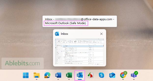 Outlook's thumbnail in the Windows taskbar shows it's running in safe mode.