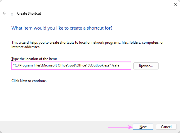 Create a custom desktop shortcut to open Outlook in safe mode.