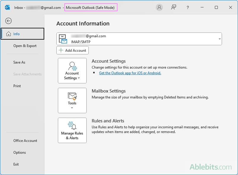When Outlook is running in safe mode, the title bar displays a notification.