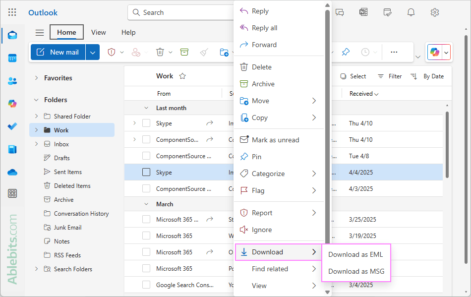 Download a message as a file from Outlook on the web.