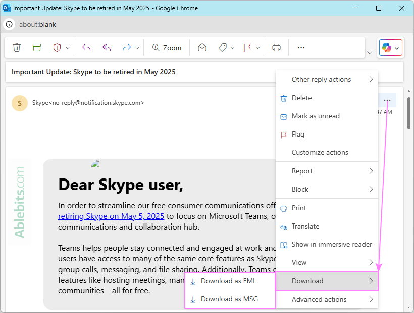 Another way to download an email as a file in Outlook online.