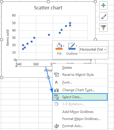 Biểu đồ phân tán Excel: Chọn Dữ liệu