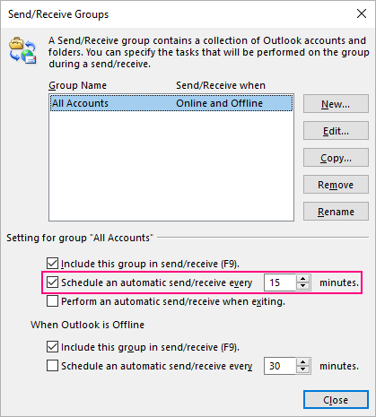 Schedule automatic email sending and receiving in Outlook.