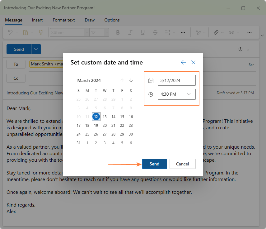 Set the desired date and time for sending the message.