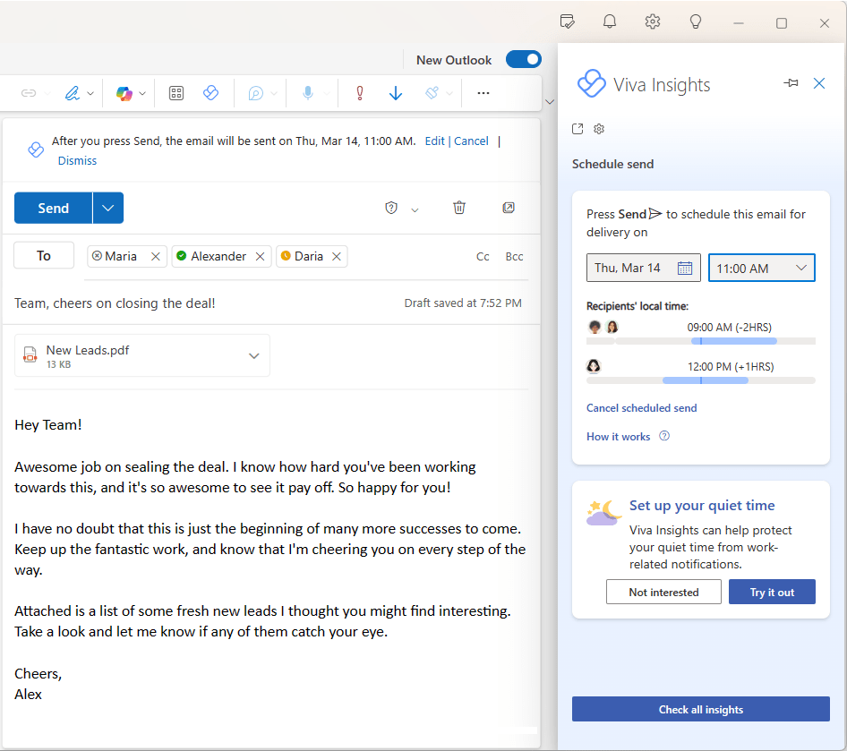 Schedule sending email in the new Outlook with Viva Insights.