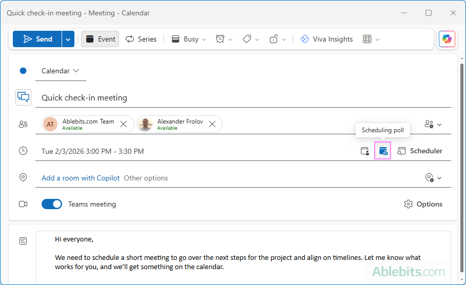 Add a scheduling poll in the new Outlook calendar event.