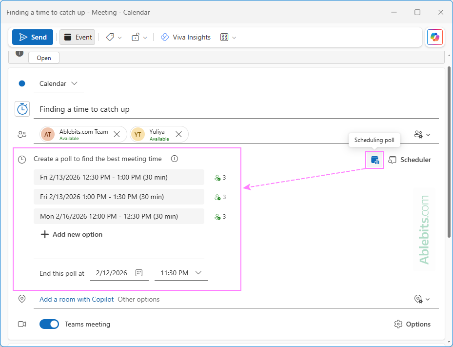 Send a scheduling poll in a new Outlook calendar invite.
