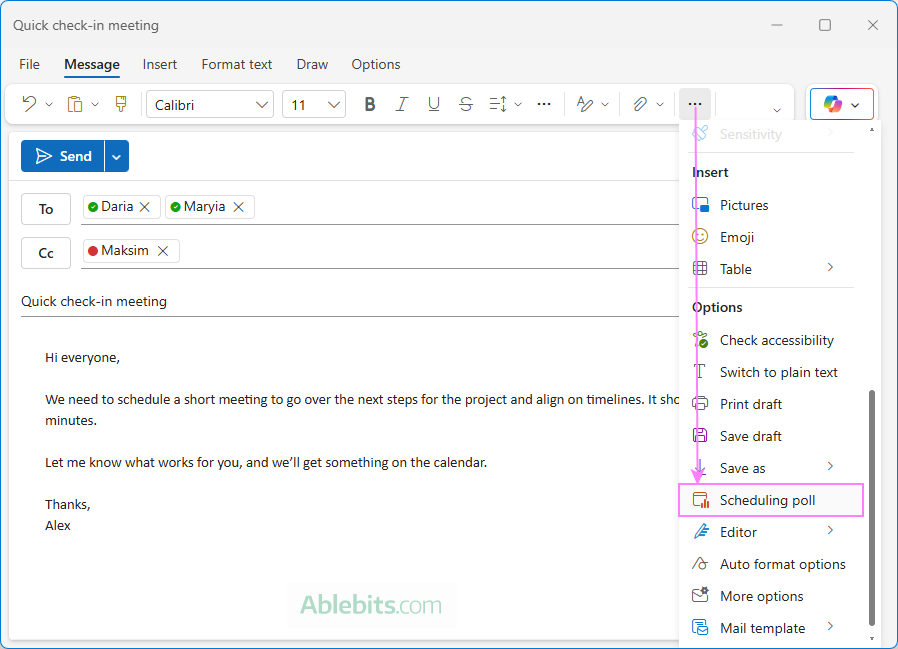 Add a scheduling poll in the new Outlook email.