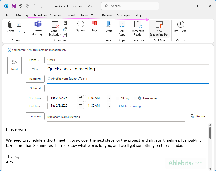 Add a scheduling poll when creating a new Outlook meeting or appointment.