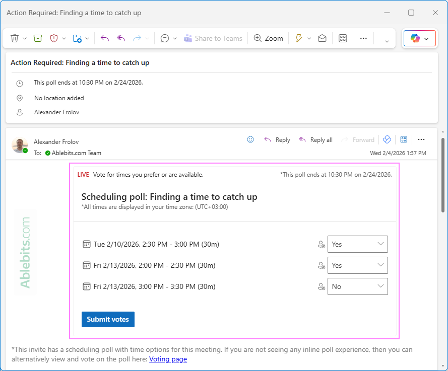 Vote for a scheduling poll embedded into an Outlook meeting invite.