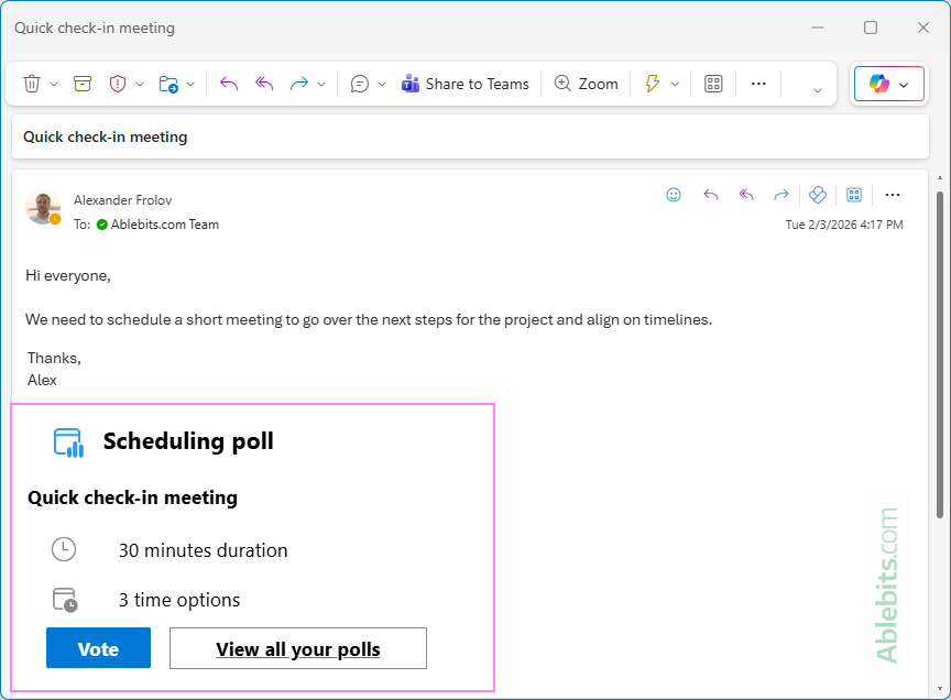 Vote for a scheduling poll included in an Outlook email.