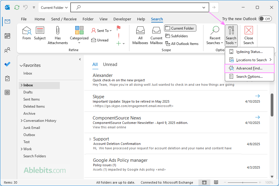 Open the Advanced Find dialog in Outlook.