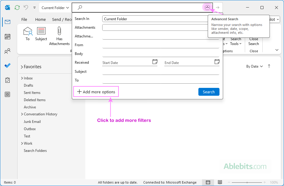 Use Advanced search in Outlook.
