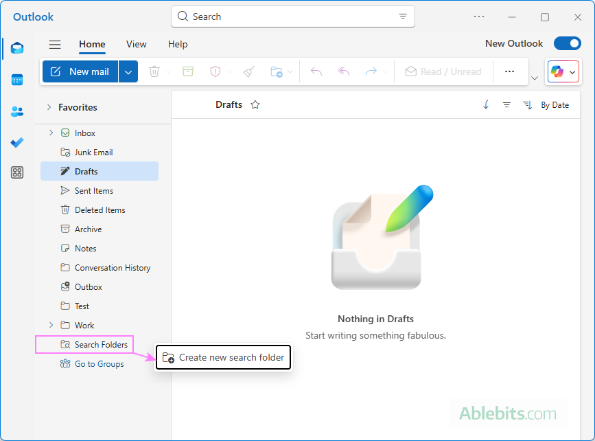Start creating a new search folder in Outlook.