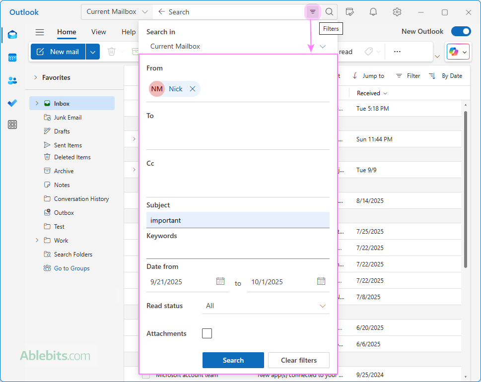 Use additional filter options in the Search box. Use additional filter options in the Search box.