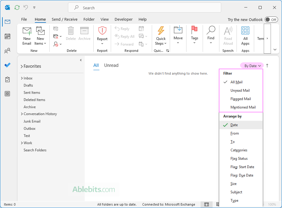 Use Outlook's Filter menu for basic searches. Use Outlook's Filter menu for basic searches.