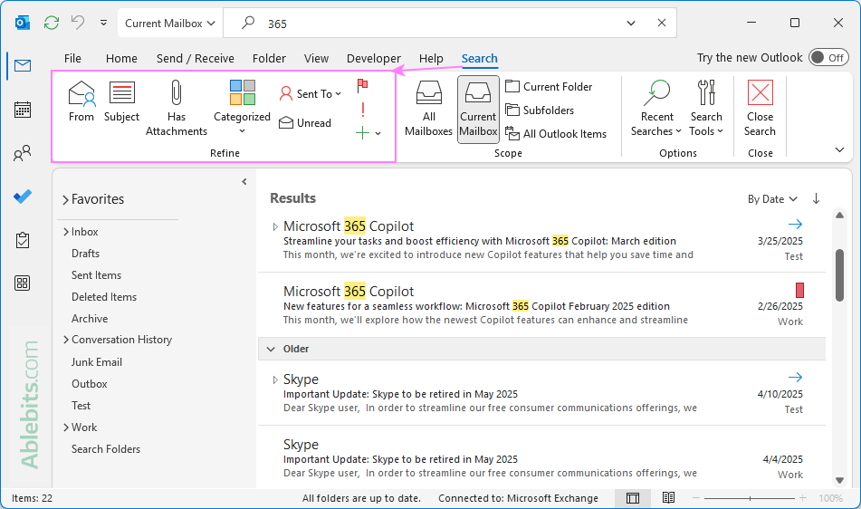 Refine options on the Search tab Refine options on the Search tab