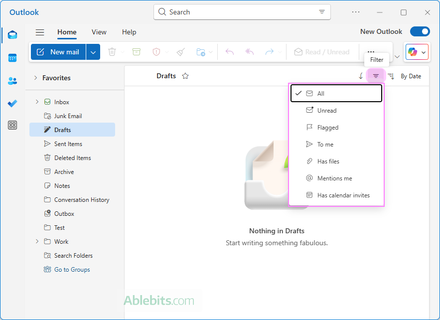 Use the Filter menu in the new Outlook to view certain types of emails. Use the Filter menu in the new Outlook to view certain types of emails.