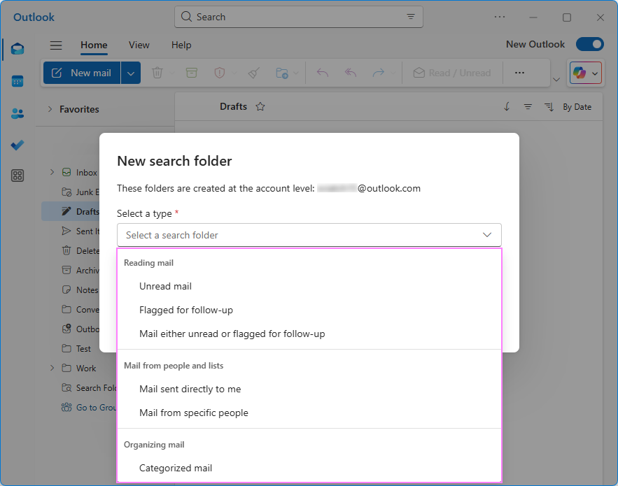 Choose a search folder type.