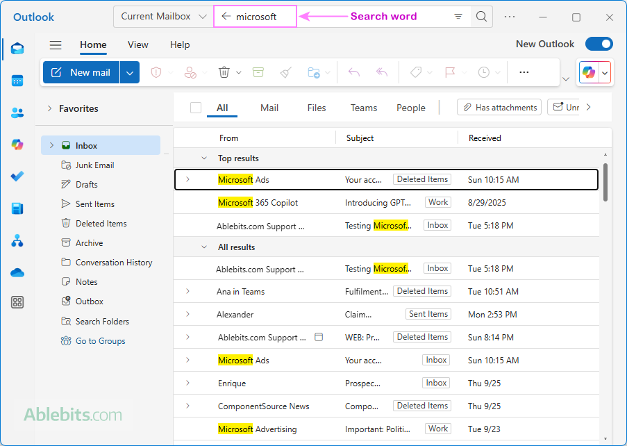 Enter a keyword into the Search box in Outlook.
