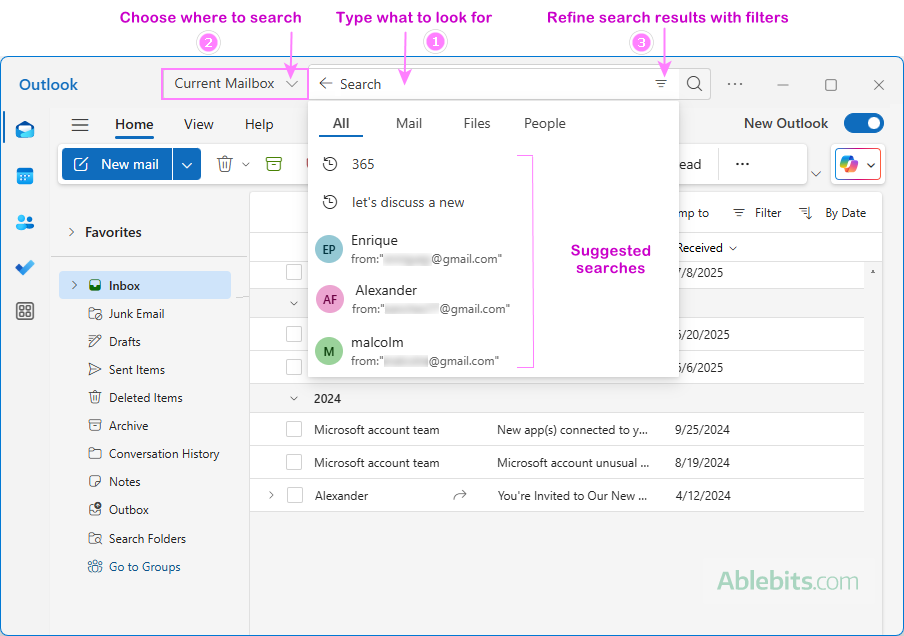 Search emails in Outlook.