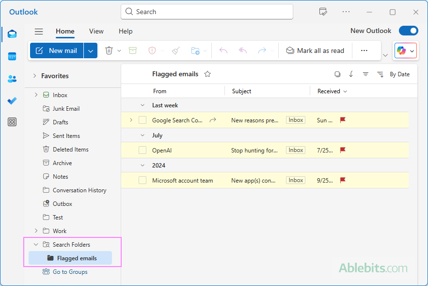 Search folder in the new Outlook.