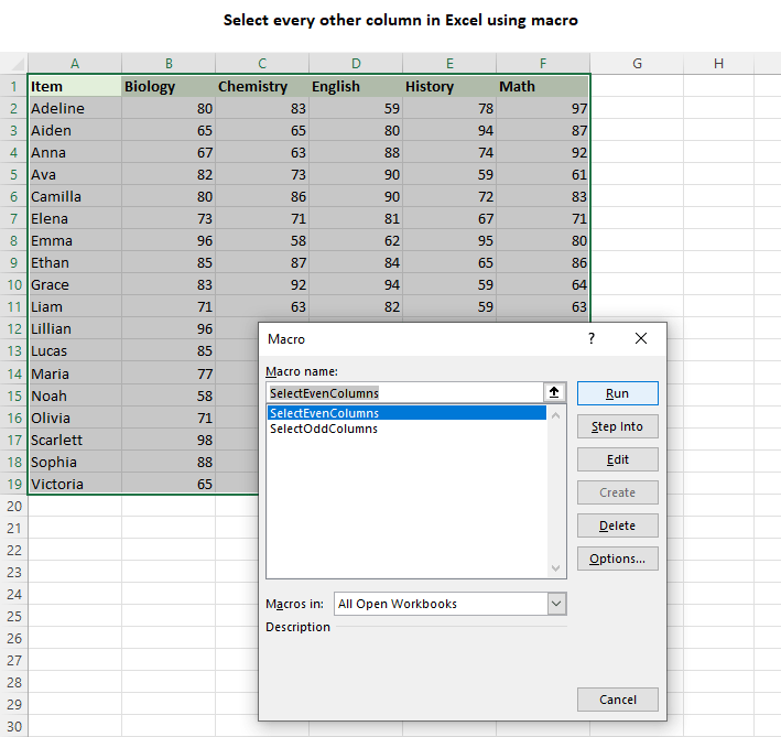 Select every other column in Excel using VBA macro.