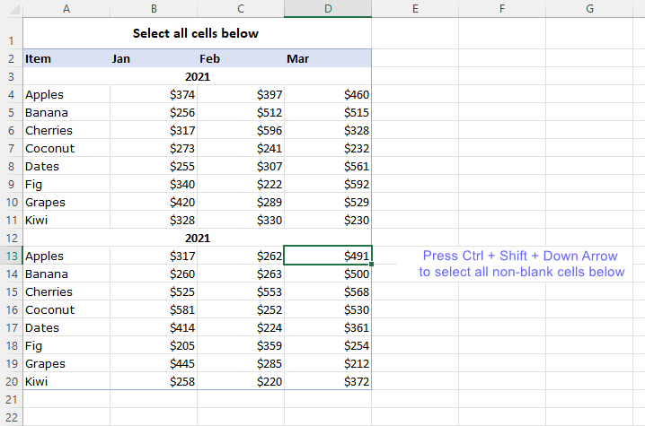 Select all cells below a certain cell.
