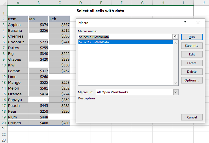Excel VBA macro to select all cells with data.