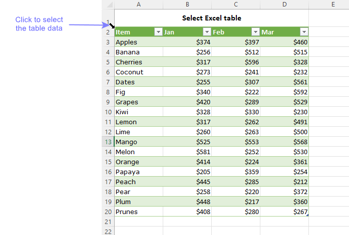 Selecting data within an Excel table