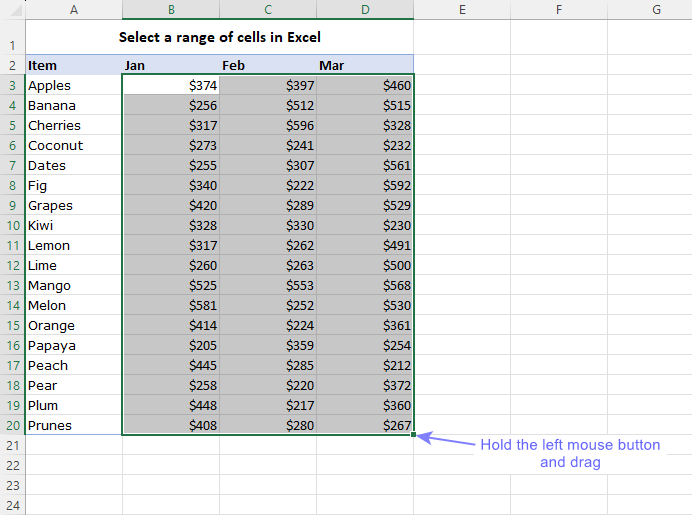 Selecting multiple cells in Excel
