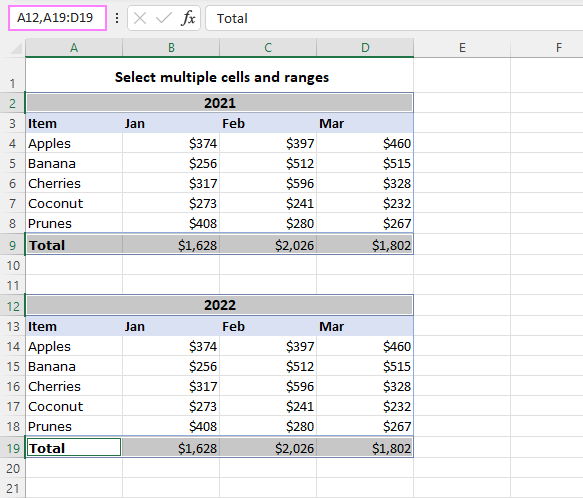 Select multiple cells using Name Box.