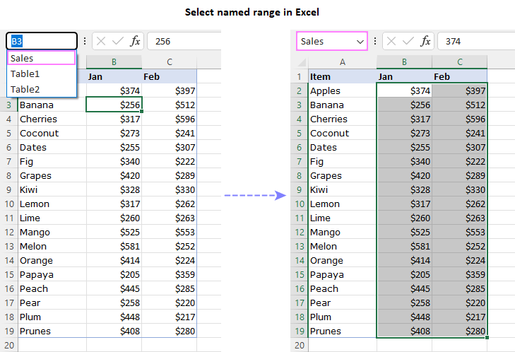 Selecting a named range in Excel
