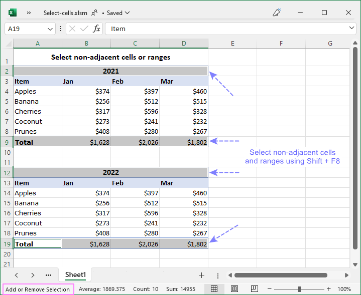 Select non-adjacent cells and ranges using the Shift + F8 shortcut.
