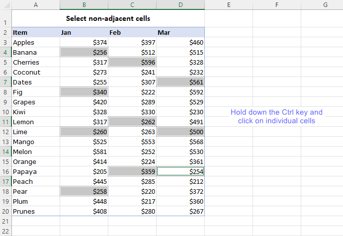 Select non-adjacent cells in Excel.