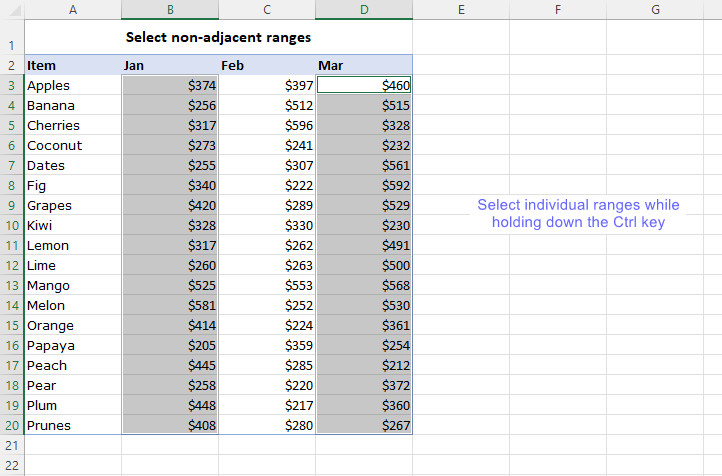 Select nonadjacent ranges using the Ctrl key.