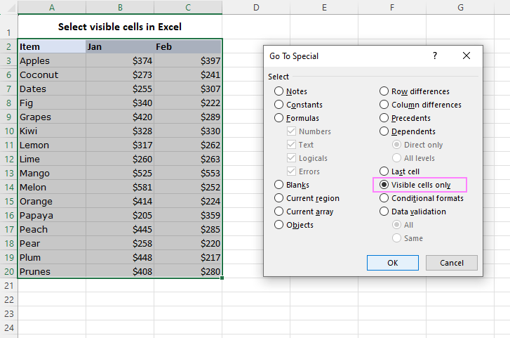 Select visible cells in Excel.