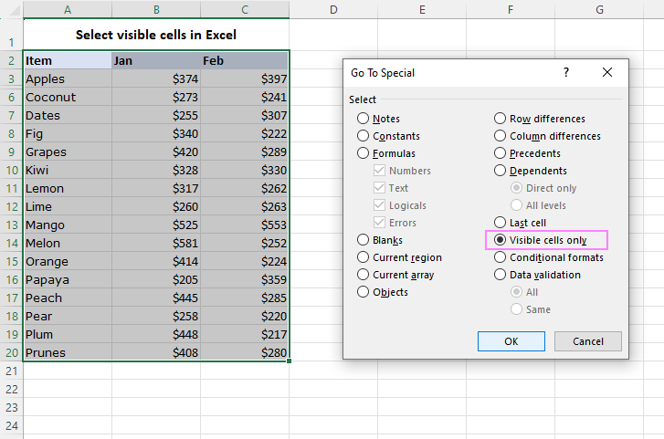 Select visible cells excel где