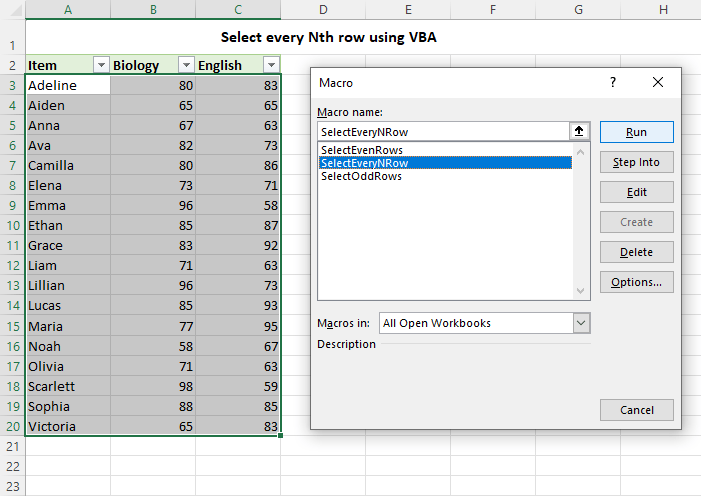 How to select every other or every nth row in Excel