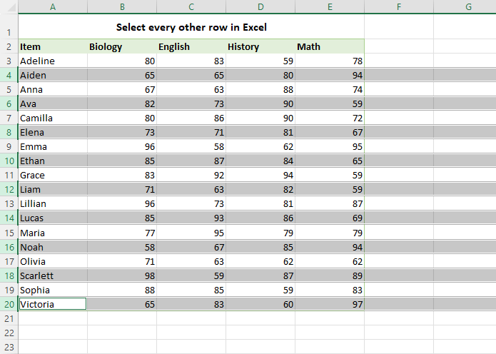 Выберите каждую вторую строку в Excel.