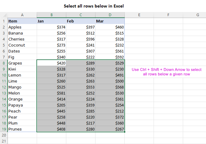 Select all rows below a certain row in Excel.
