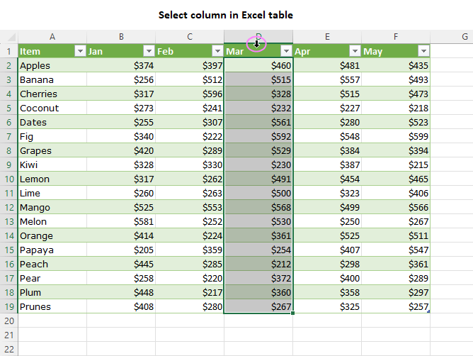 Selecting a column in Excel table