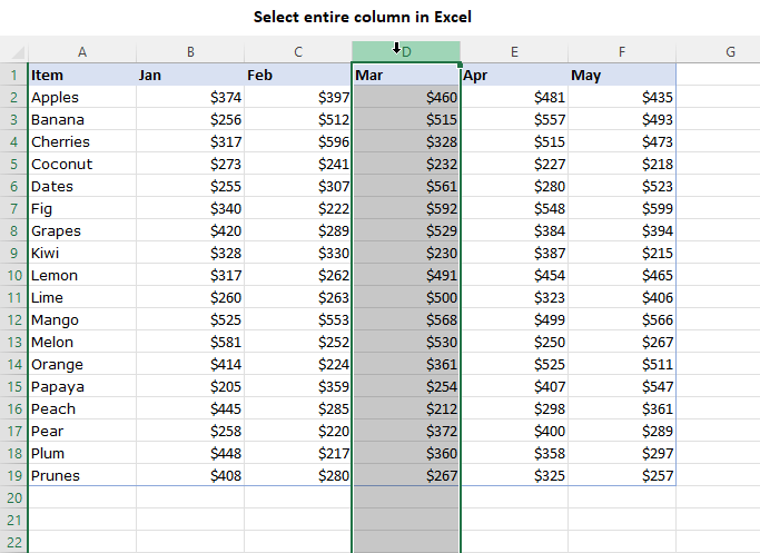 Выберите весь столбец в Excel.
