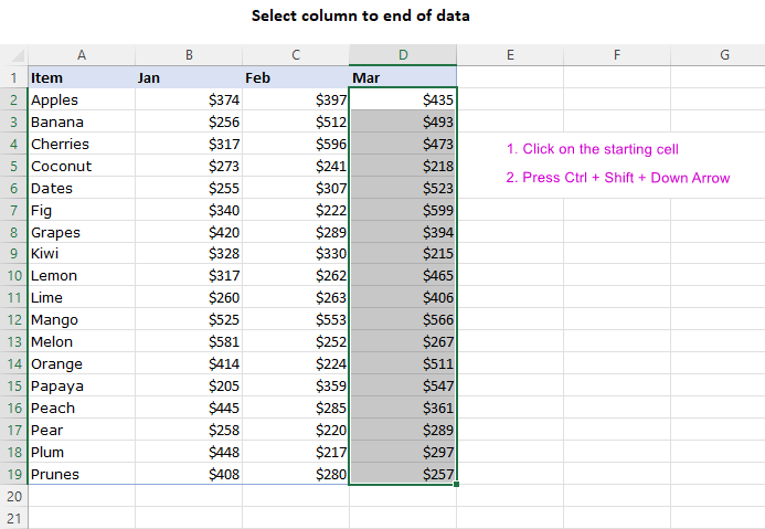 Select a column to the end of data.