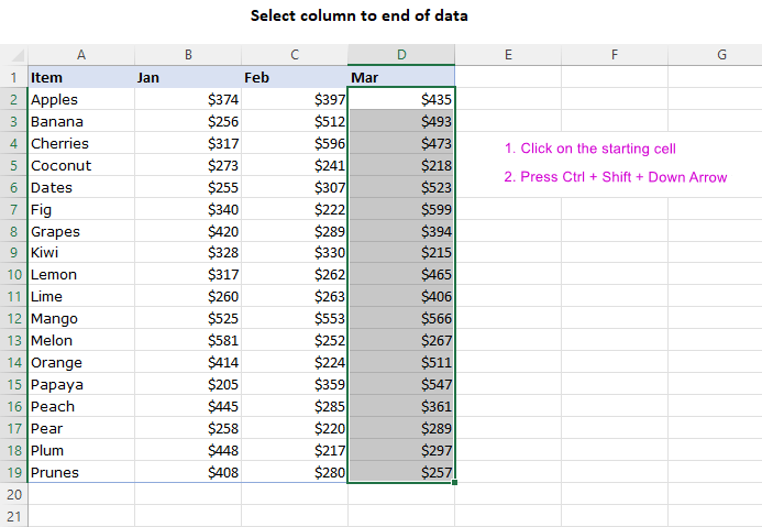 How to select rows and columns in Excel