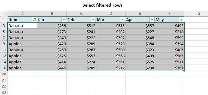 How to select rows and columns in Excel