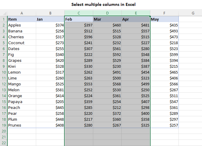 Select multiple columns in Excel.
