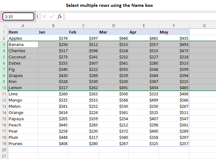 How to select rows and columns in Excel